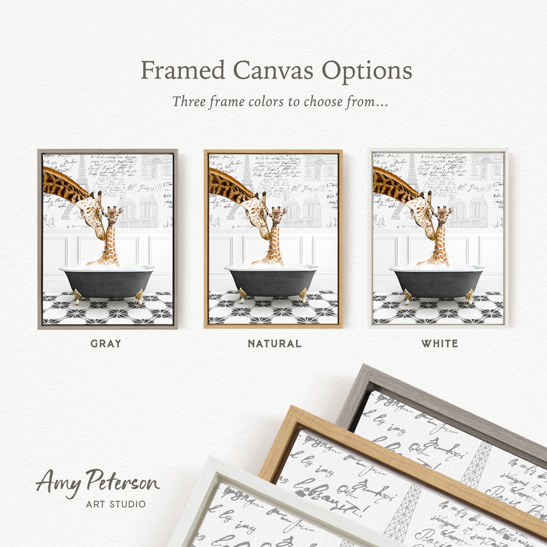 The image is a framed canvas option featuring three different color options for a framed artwork depicting a giraffe in a bathtub.