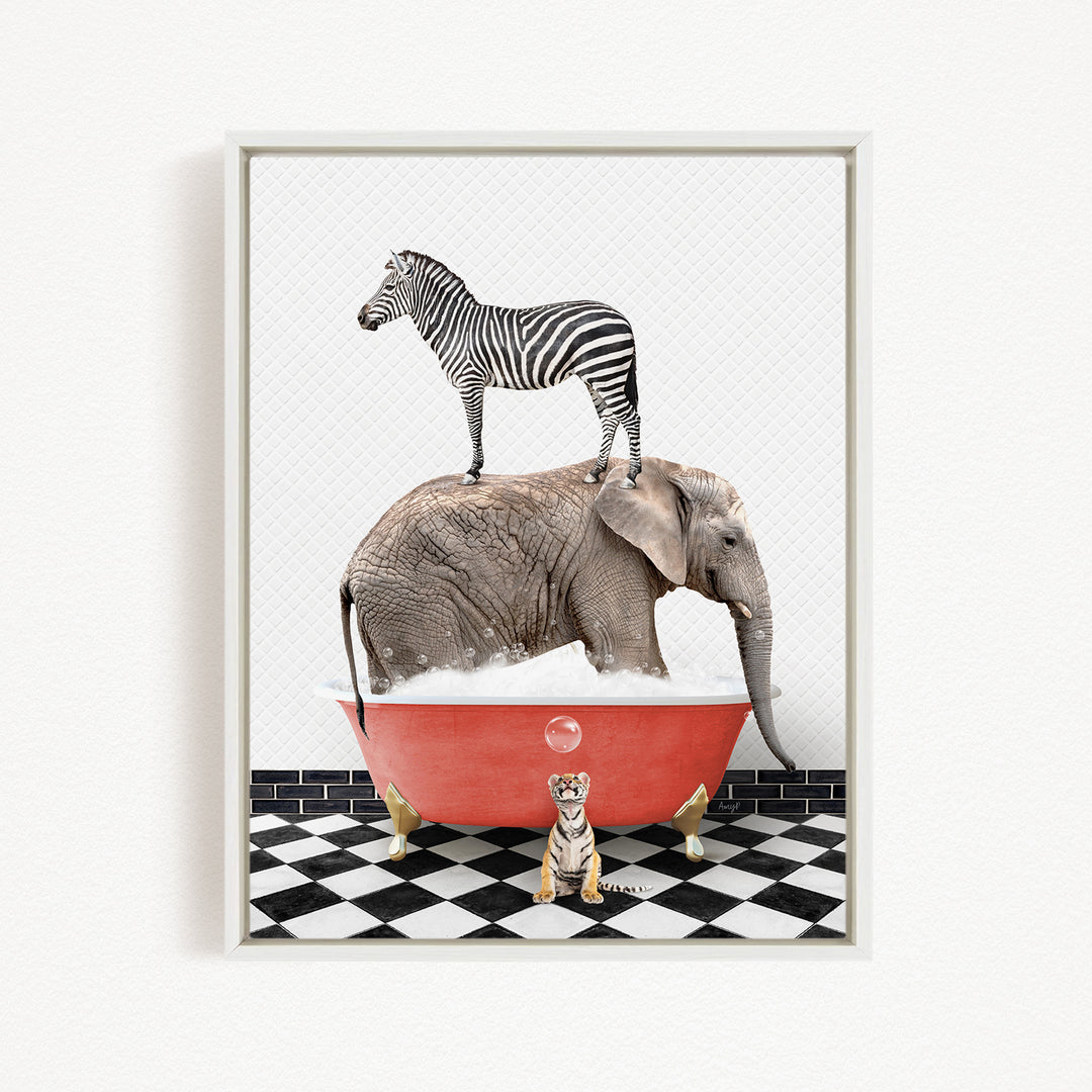 A zebra stands on top of an elephant in a red bathtub, with a small tiger sitting in the tub below.