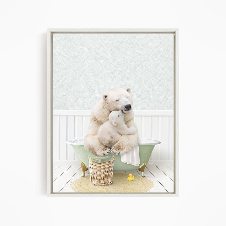 A polar bear is sitting in a green bathtub, surrounded by a yellow rubber duck and a basket.