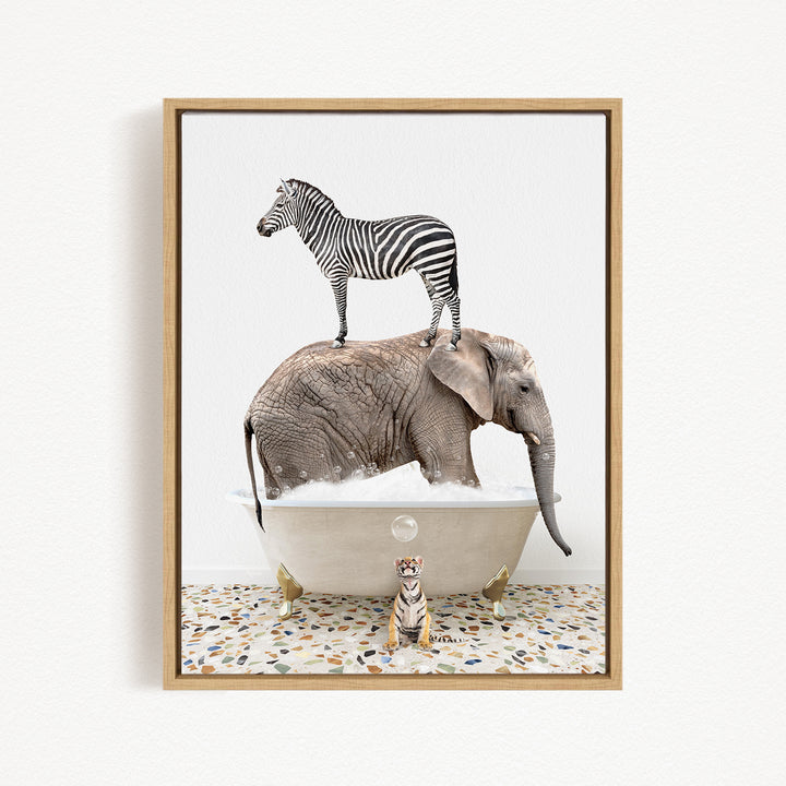A zebra standing on the back of an elephant, both in a bathtub, with a small tiger figurine in front of them.