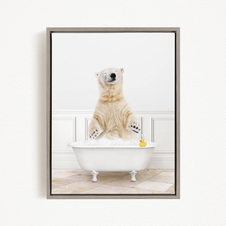 A polar bear sitting in a bathtub filled with water, surrounded by a yellow rubber duck.
