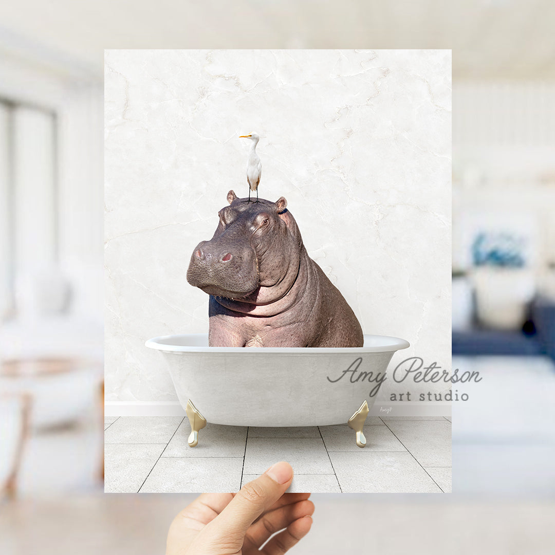 a hippo in a bathtub with a bird on top of it