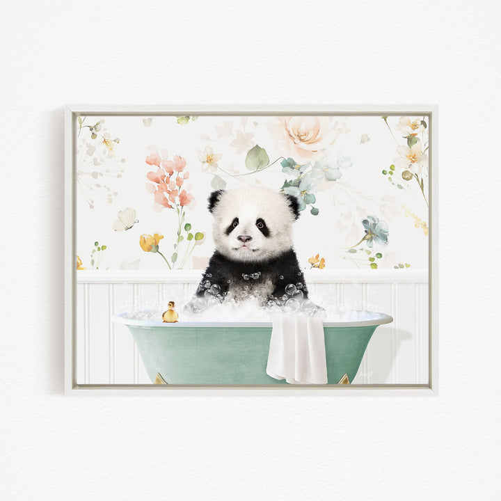 A panda bear sitting in a green bathtub filled with bubbles, surrounded by a floral pattern.