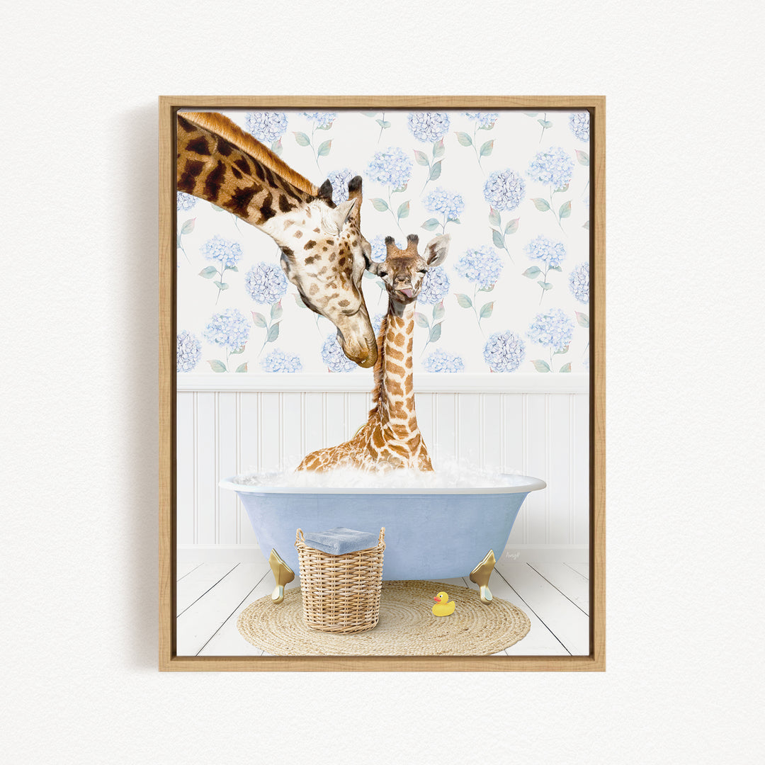 A mother giraffe and her baby giraffe are enjoying a relaxing bath in a blue tub, surrounded by a wicker basket and a yellow rubber duck.