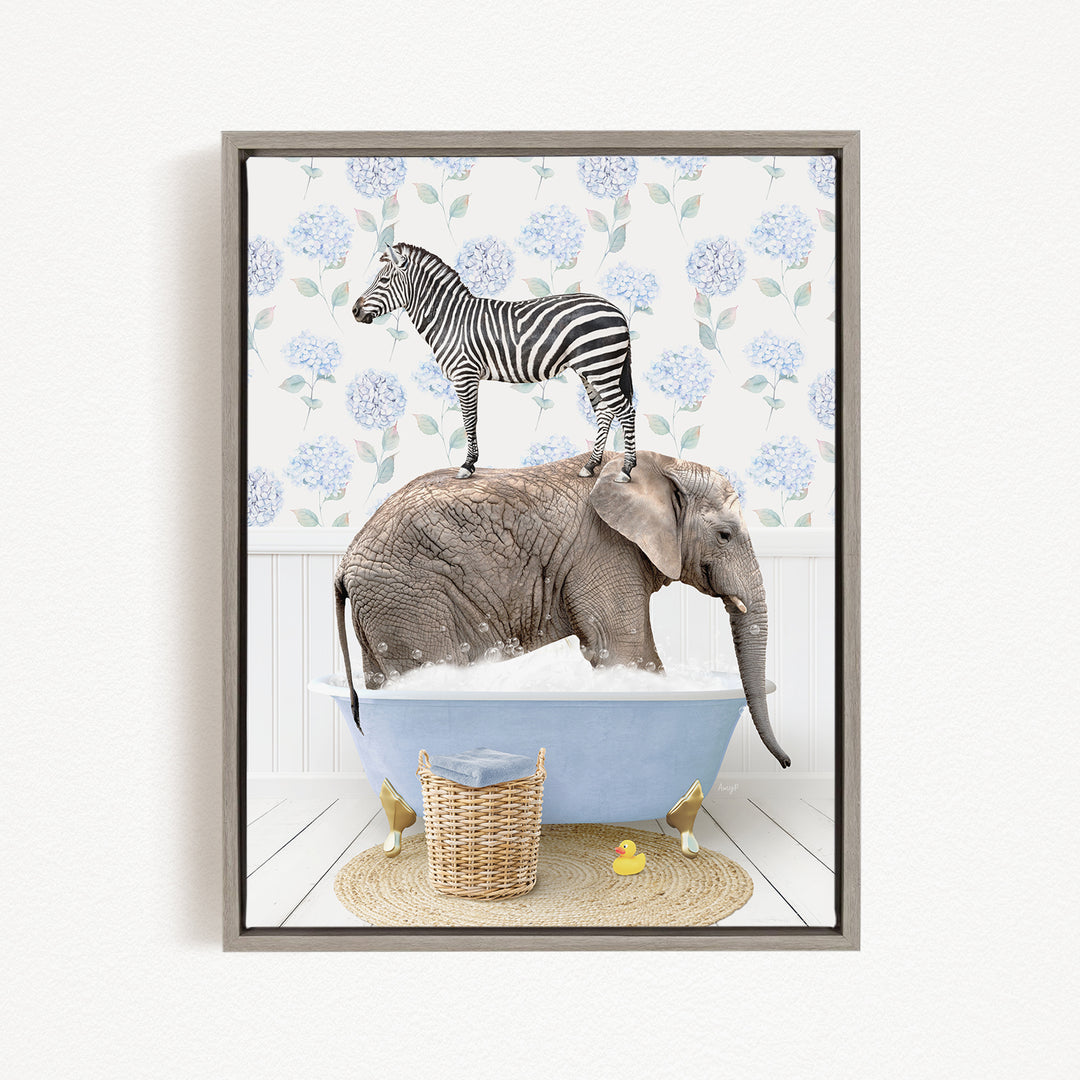 A zebra standing on the back of an elephant, both in a bathtub filled with water, with a yellow rubber duck nearby.