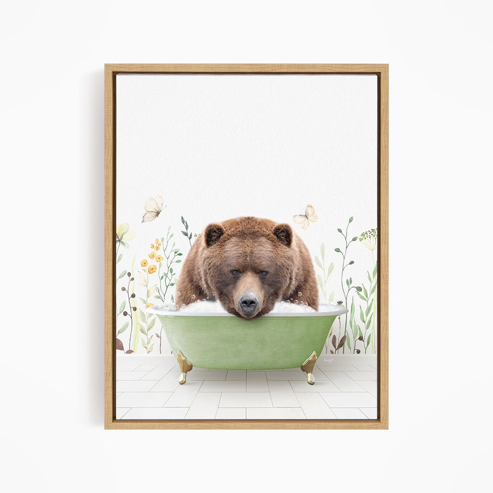 A brown bear is sitting in a green bathtub, surrounded by flowers and butterflies, creating a whimsical and playful scene.