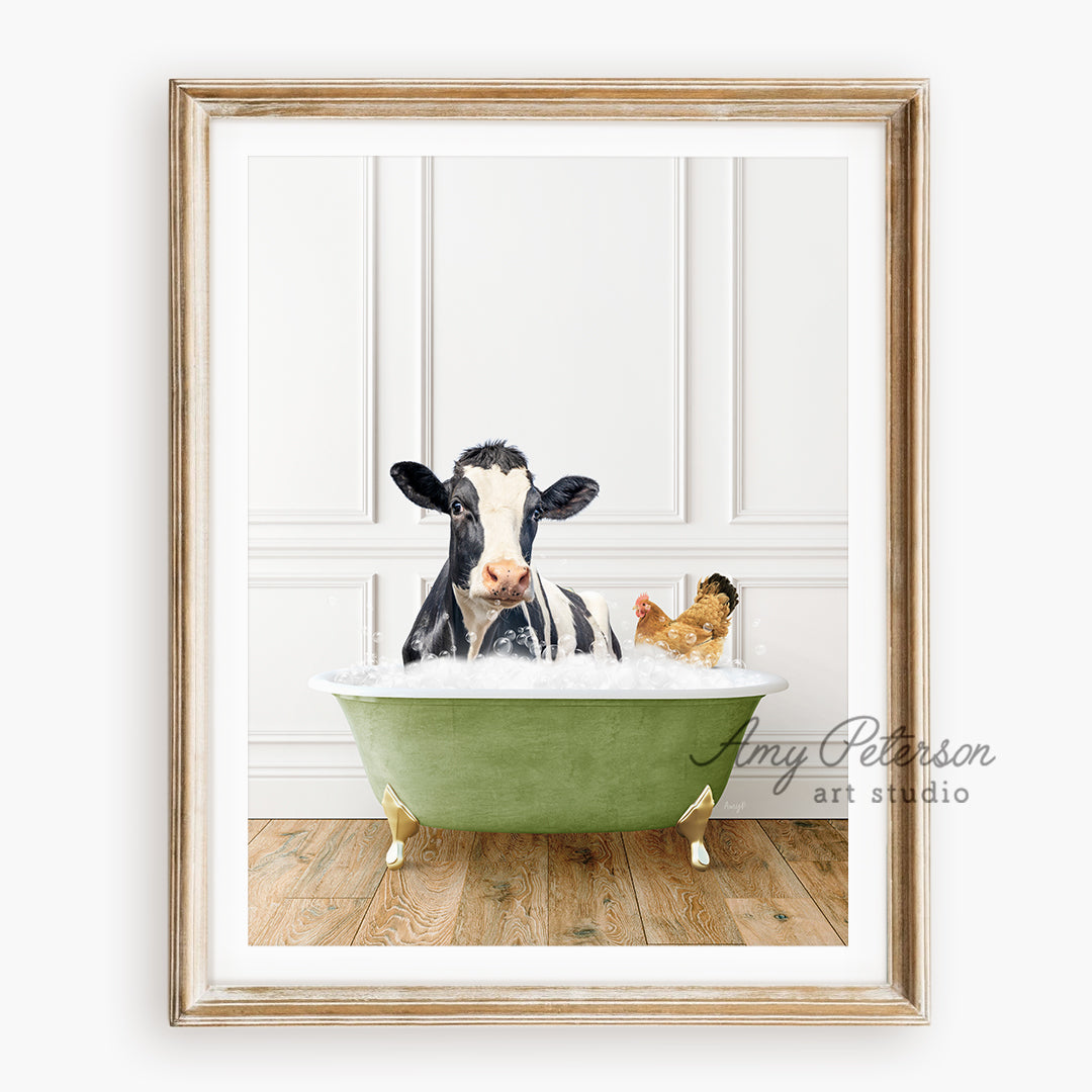 a picture of a cow and a cat in a bathtub