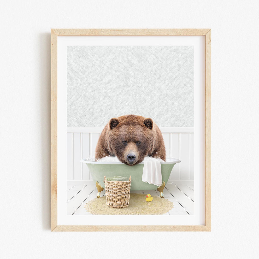 A brown bear is sitting in a green bathtub, surrounded by a basket of toys and a towel, in a serene and whimsical scene.