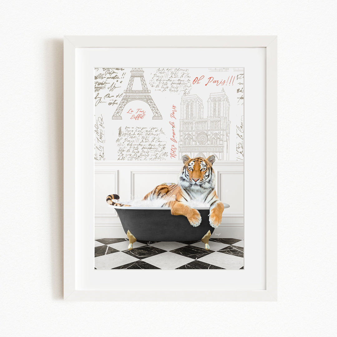 A tiger is sitting in a bathtub, surrounded by various architectural elements and text, including the Eiffel Tower and Paris.