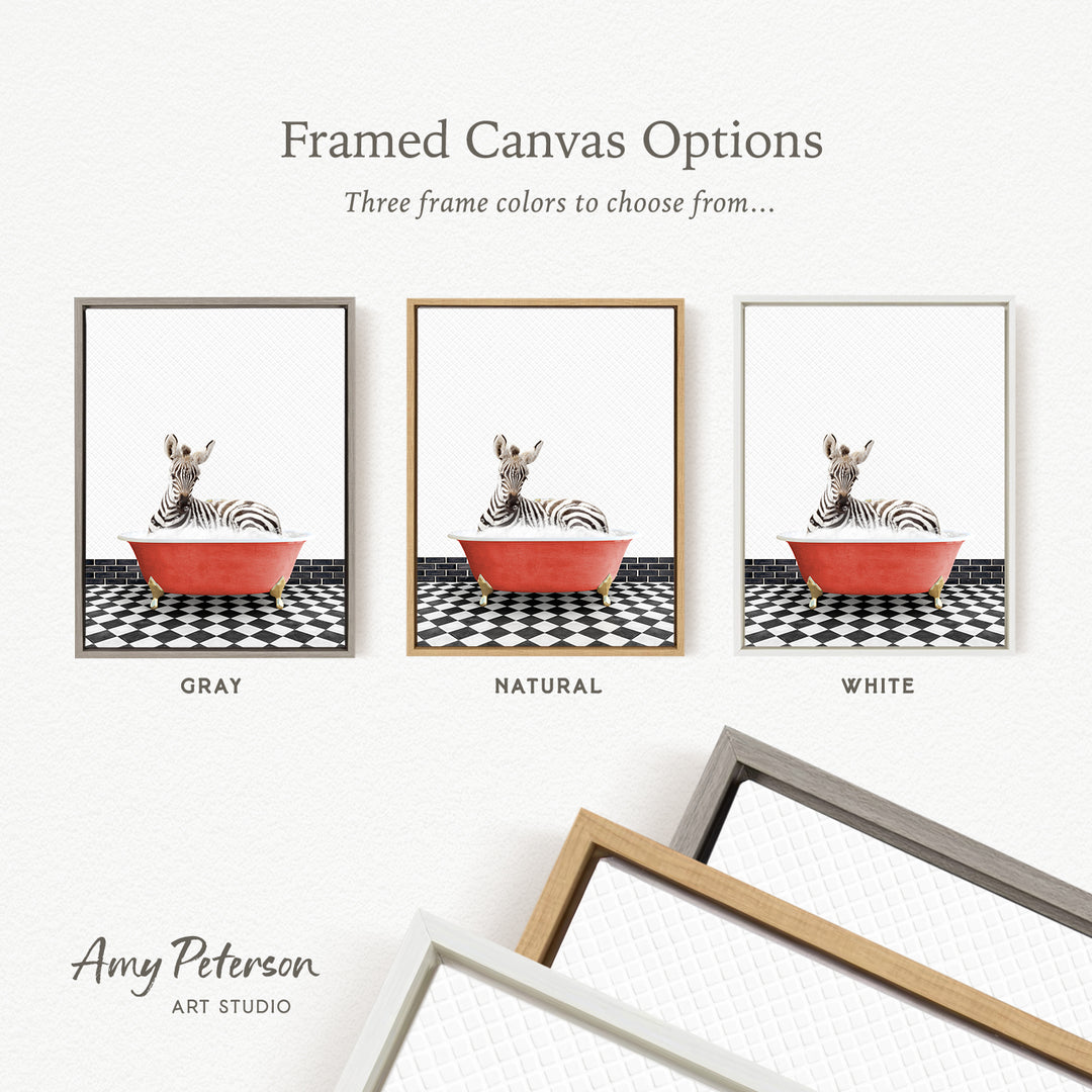 three framed canvas options, each featuring a zebra sitting in a red bowl on a black and white checkered floor. The options include a gray frame, a natural frame, and a white frame.