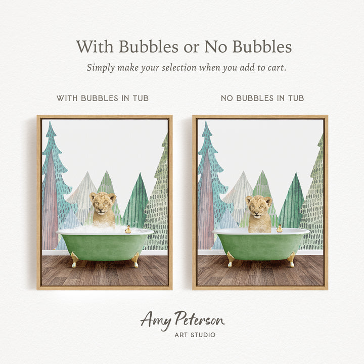 The image is a collage of two pictures, each featuring a cat sitting in a bathtub. The cat appears to be looking at something in the water, creating a playful and whimsical scene. The collage is titled "With Bubbles or No Bubbles" and is created by Amy Peterson from Art Studio.