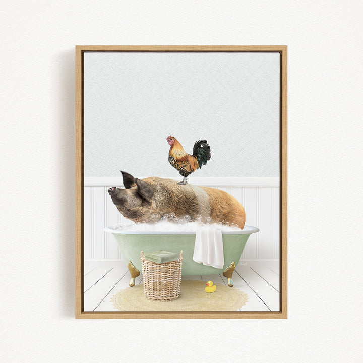 A rooster stands on a pig's back while the pig is submerged in a bathtub filled with water, surrounded by a basket of rubber ducks and a towel.