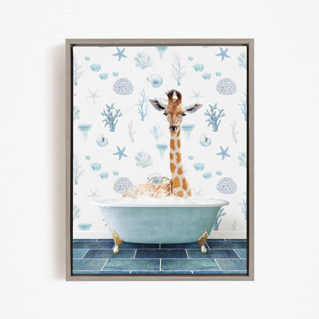 A giraffe sitting in a bathtub filled with bubbles, surrounded by a blue and white floral pattern.