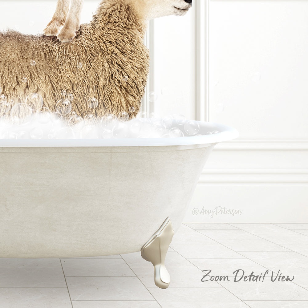 A sheep standing in a bathtub filled with water, with bubbles around it.