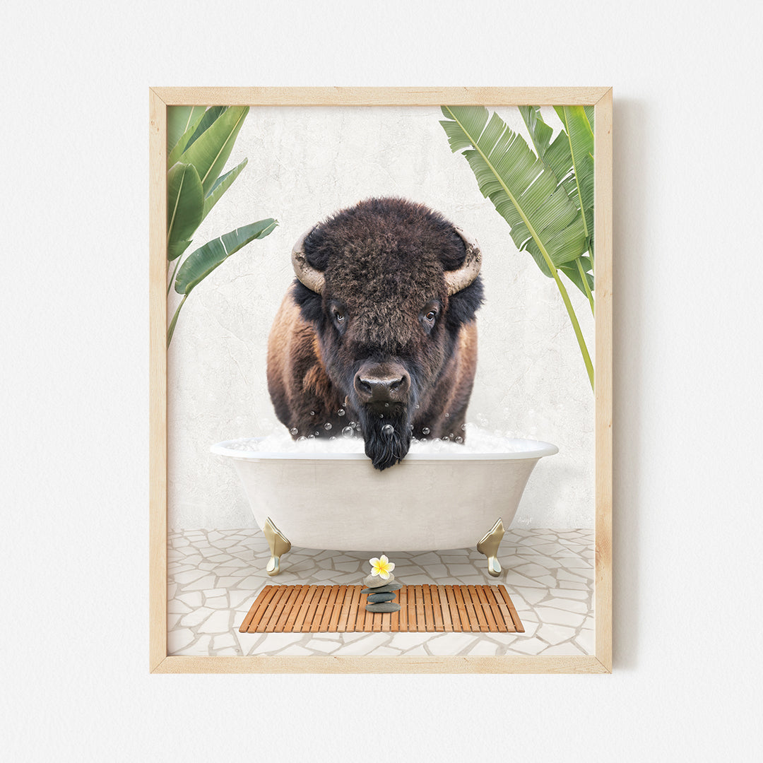 a bison is taking a bath in a bathtub