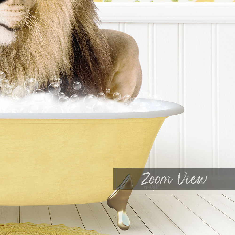 A lion is sitting in a yellow bathtub filled with bubbles, creating a whimsical and playful scene.