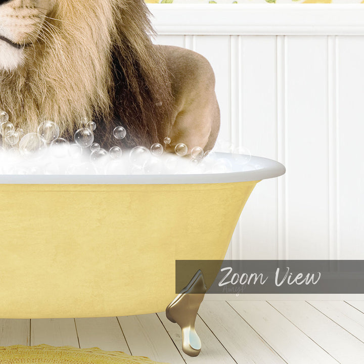 A lion is sitting in a yellow bathtub filled with bubbles, creating a whimsical and playful scene.