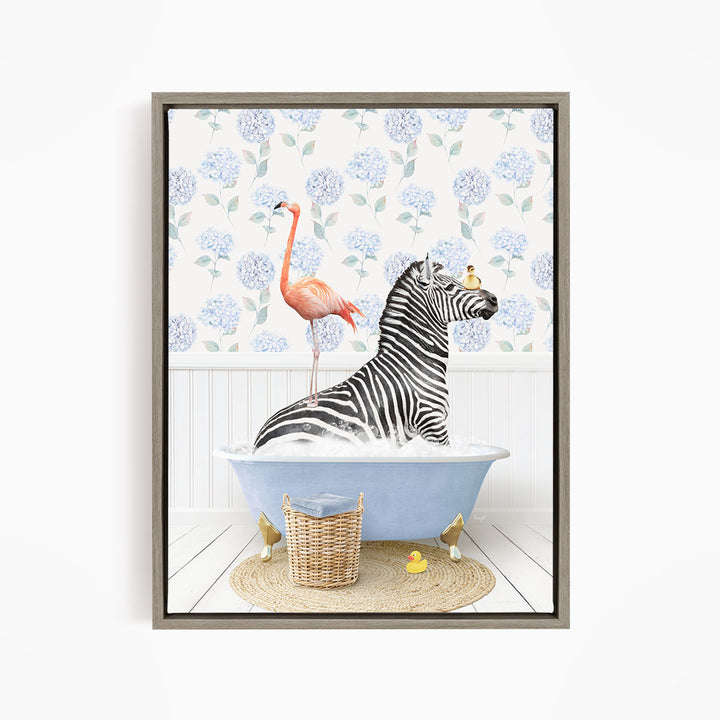 A zebra is sitting in a bathtub, surrounded by a pink flamingo and a basket of rubber ducks, against a backdrop of blue hydrangea flowers.