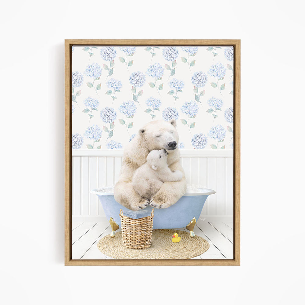 A polar bear is sitting in a blue bathtub, surrounded by a wicker basket and rubber duckies, with a floral patterned wall behind it.