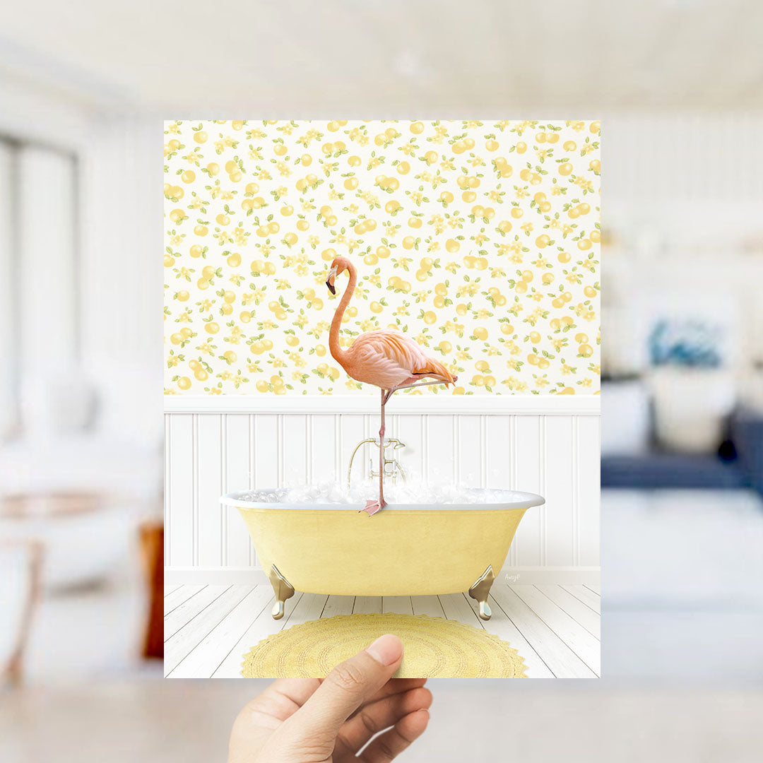 A pink flamingo standing in a yellow bathtub filled with water, set against a yellow and white floral wallpaper.