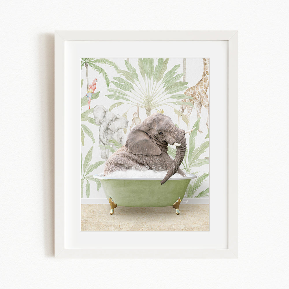 A framed image depicting an elephant sitting in a green bathtub, surrounded by tropical foliage and other animals.