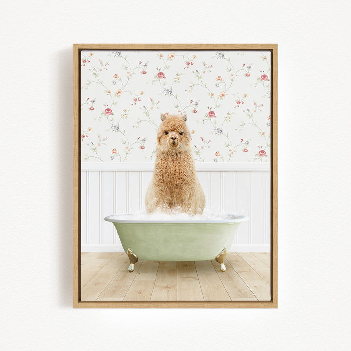 A fluffy brown dog sitting in a green bathtub filled with bubbles, with a floral wallpaper in the background.