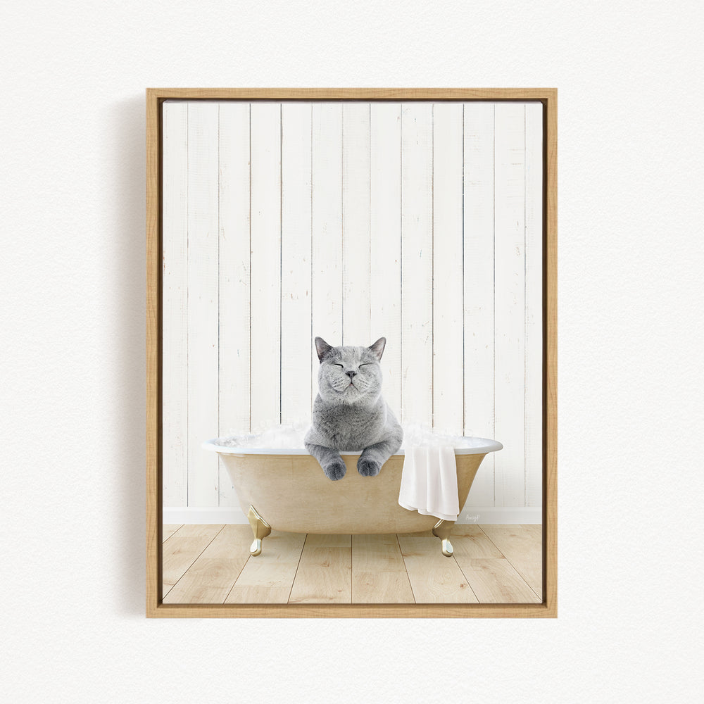 A gray cat sitting in a white bathtub, with a towel draped over the side of the tub.