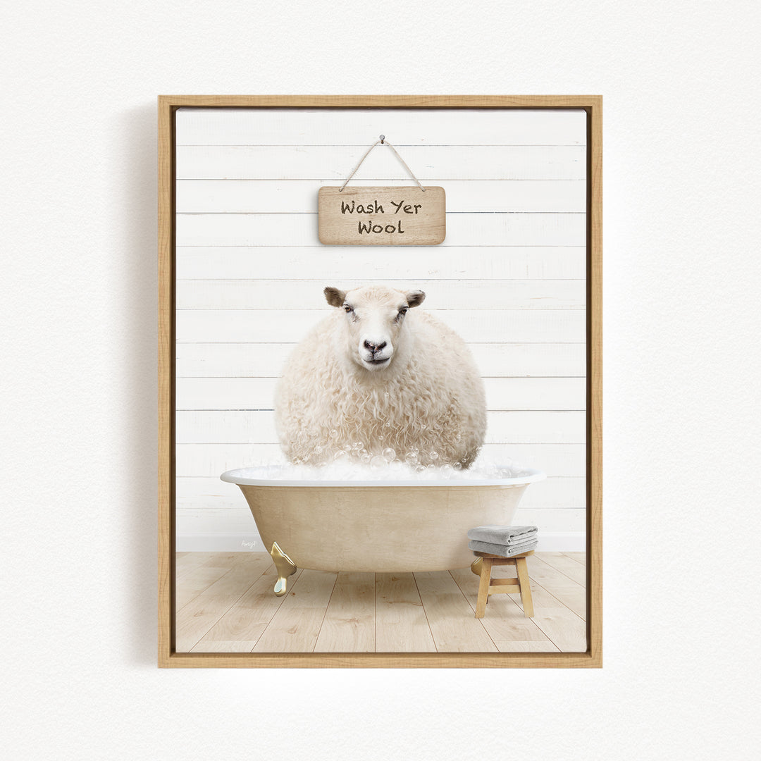 A fluffy white sheep is sitting in a bathtub filled with water, with a sign above it that says "Wash Yer Wool".