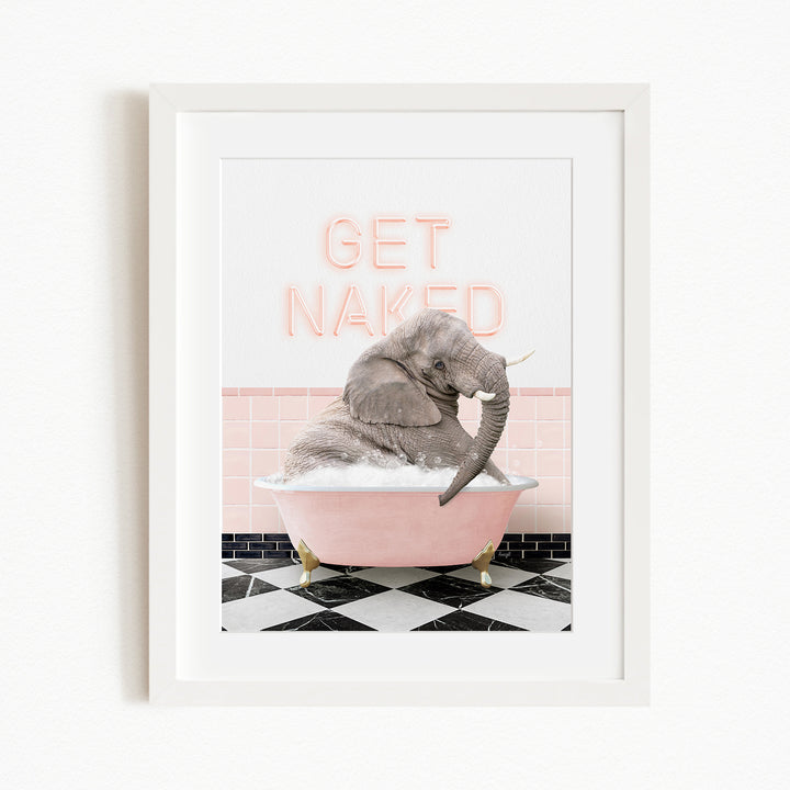 A framed image of an elephant sitting in a pink bathtub, with the text "GET NAKED" displayed above it.