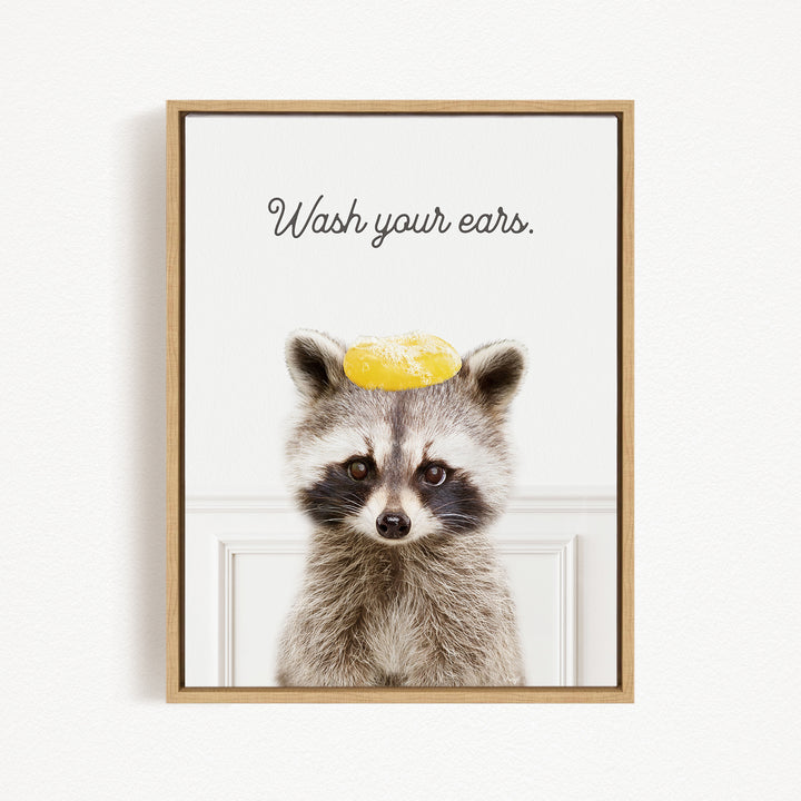 A raccoon wearing a yellow object on its head, with the text "Wash your ears" written above it.