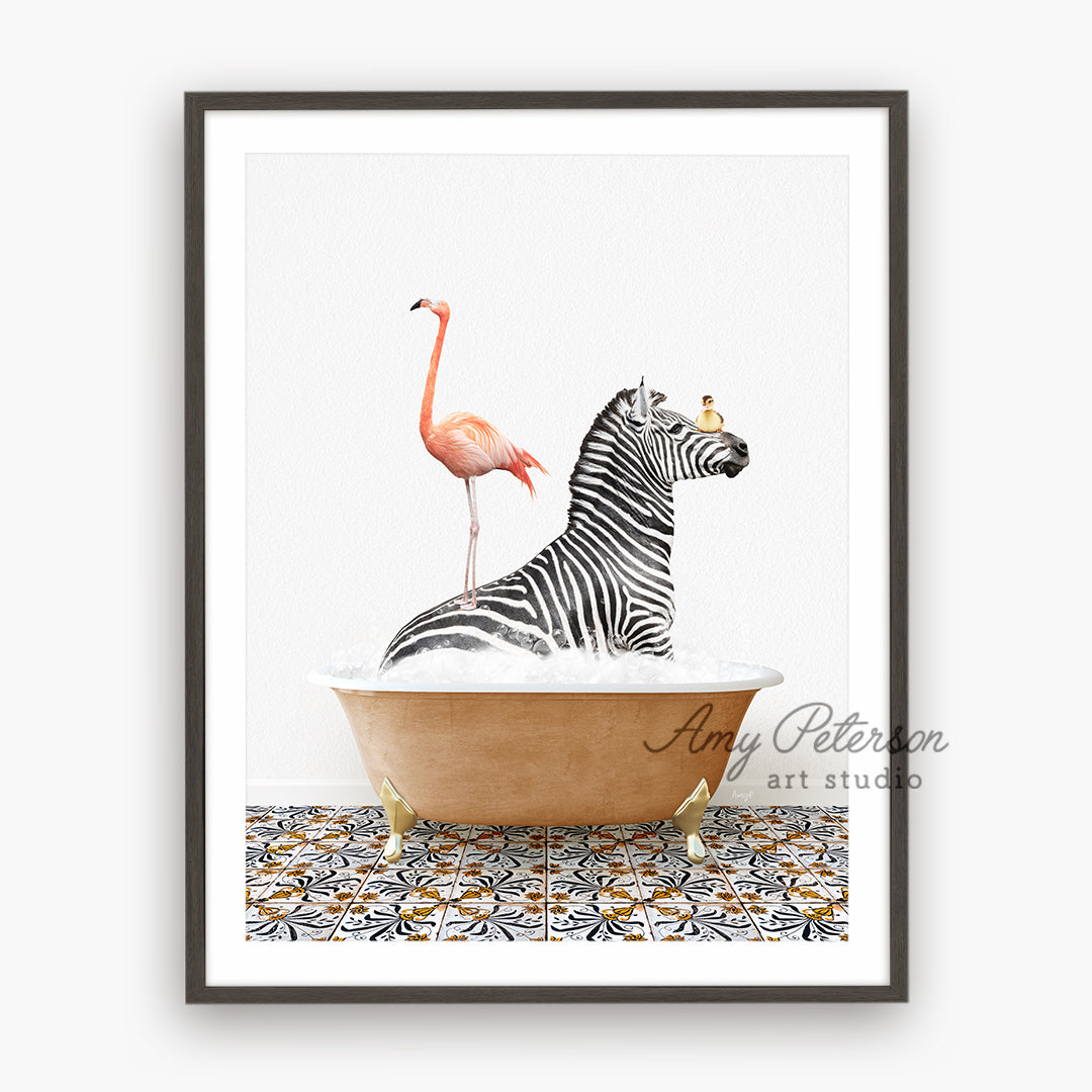 a picture of a zebra and a flamingo in a bathtub