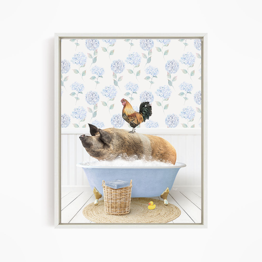 A pig sitting in a bathtub, with a rooster perched on its back, and a basket of rubber ducks nearby.