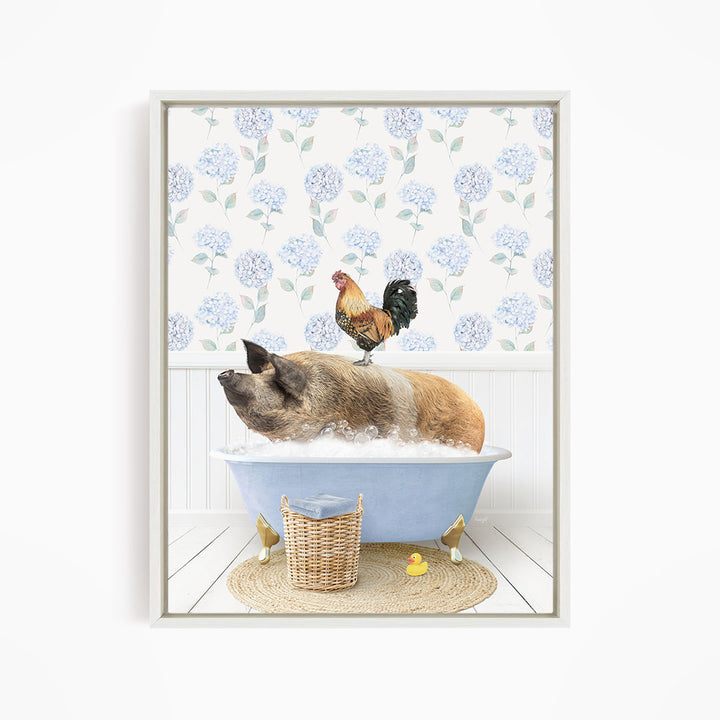 A pig sitting in a bathtub, with a rooster perched on its back, and a basket of rubber ducks nearby.