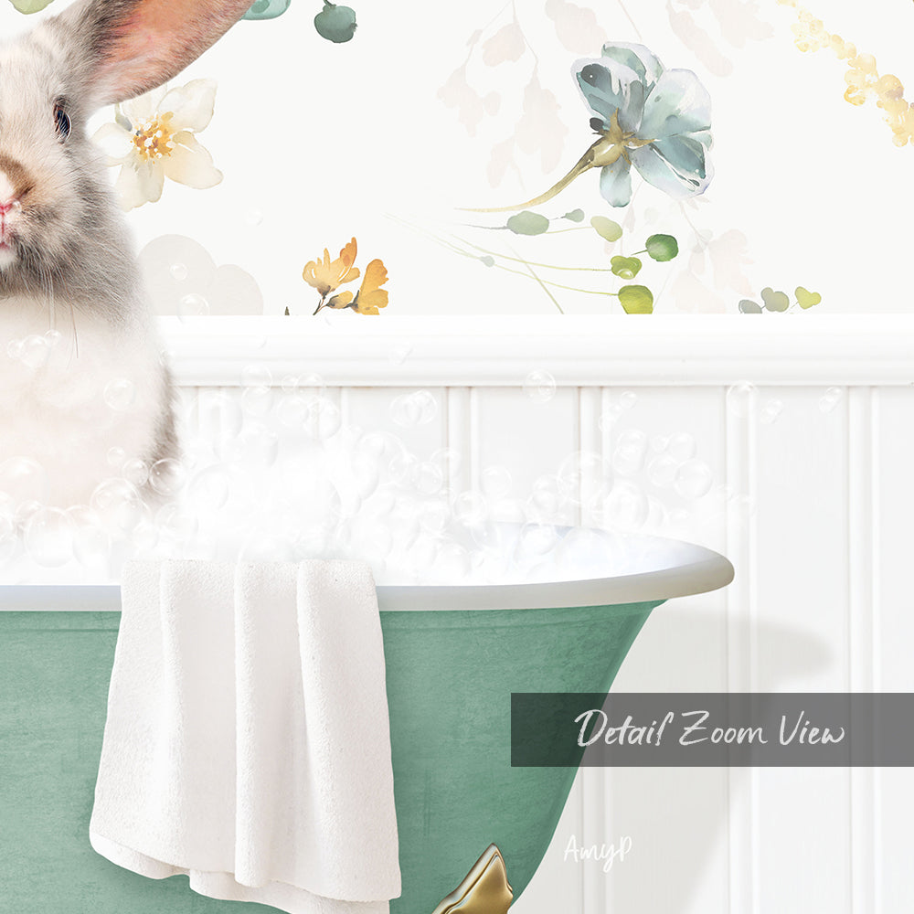 A white rabbit sitting in a green bathtub filled with bubbles, surrounded by a floral wallpaper.