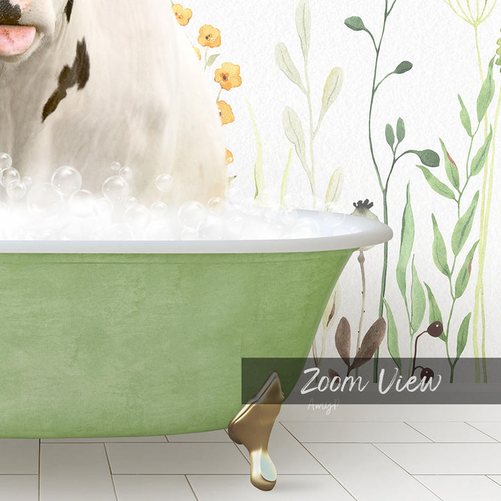 A cow is sitting in a green bathtub filled with bubbles, surrounded by a floral wallpaper.