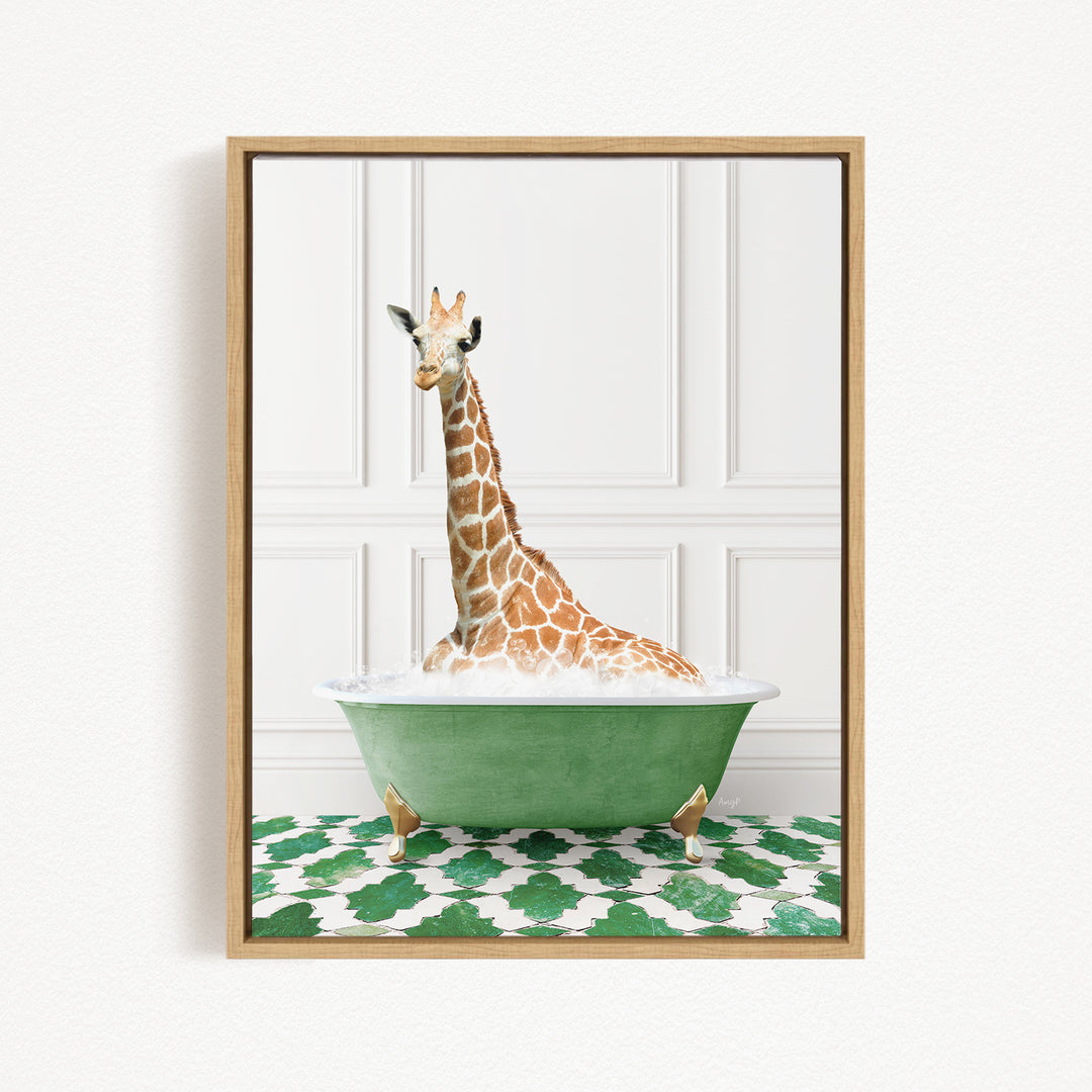 A giraffe is sitting in a green bathtub filled with bubbles, creating a whimsical and playful scene.