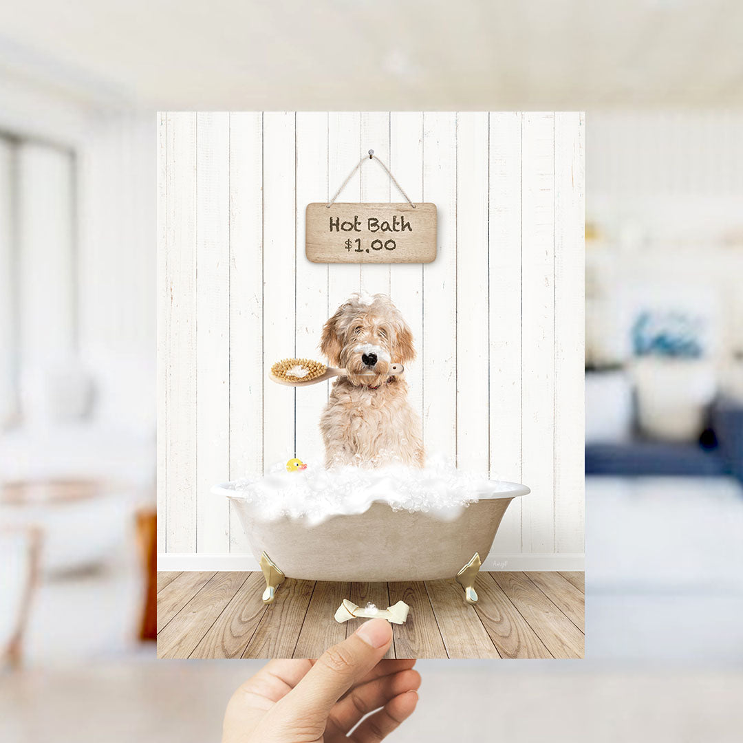 A dog sitting in a bathtub filled with bubbles, with a sign above that says "Hot Bath $1.00".