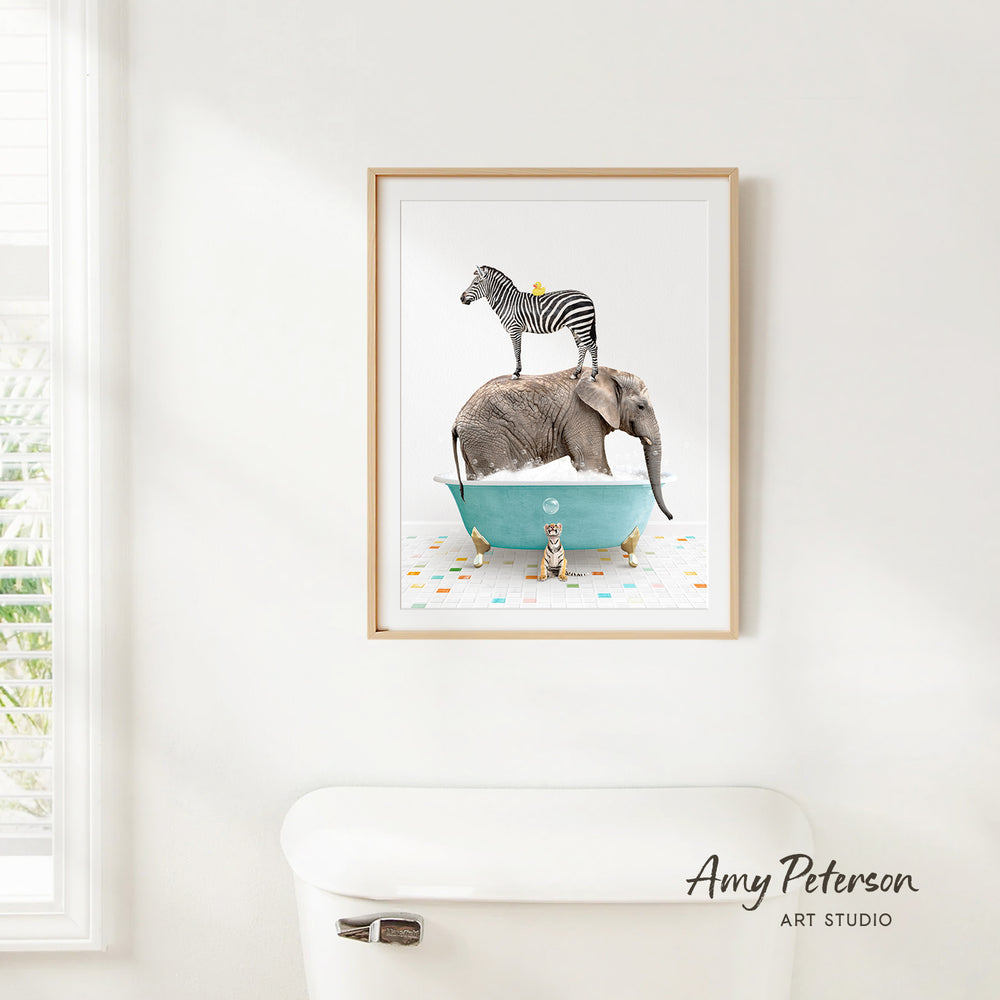 A framed illustration of a zebra standing on an elephant's back, with a dog sitting in a bathtub between them, is displayed on a white wall.