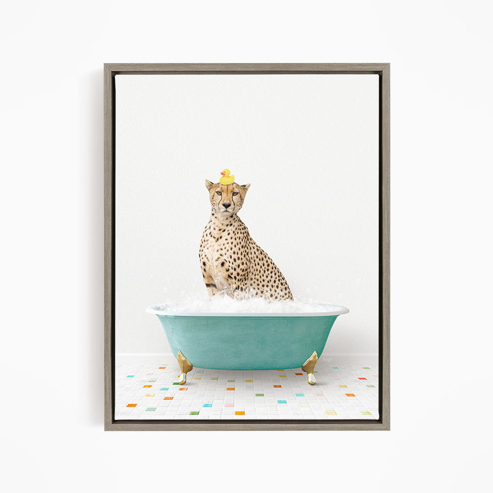 A cheetah sitting in a blue bathtub filled with water, wearing a yellow rubber duck hat.