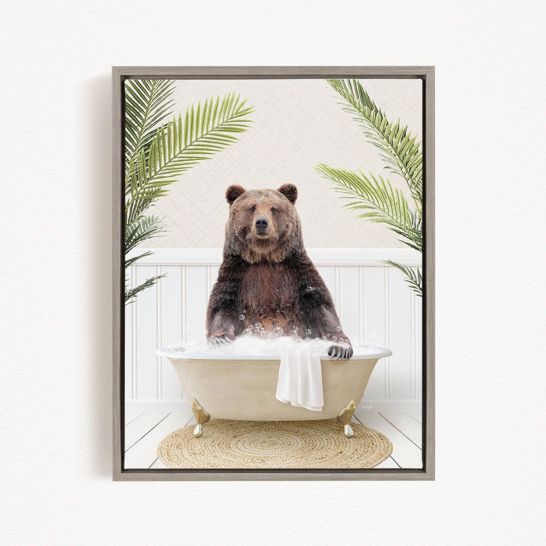 A brown bear sitting in a bathtub filled with water, surrounded by green palm leaves.