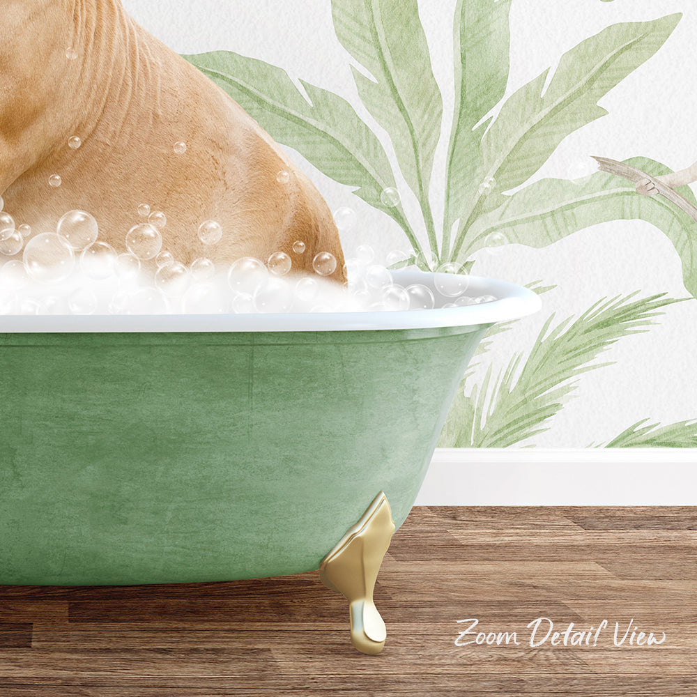 A golden bathtub filled with bubbles, with a dog sitting inside and enjoying a bath.