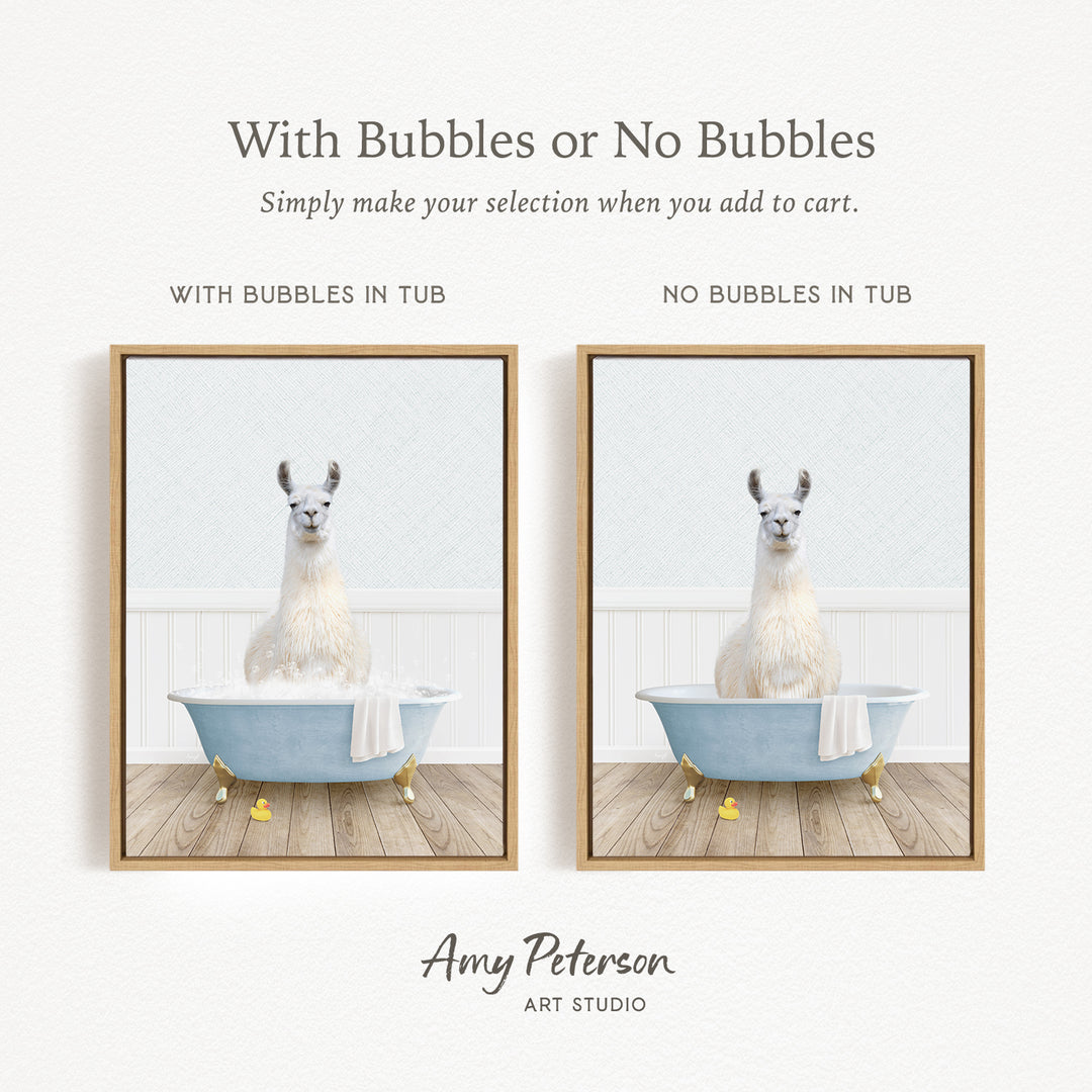 The image is a collage of two pictures featuring a white llama sitting in a bathtub. The llama is surrounded by bubbles, creating a playful and whimsical scene. The text above the images reads "With Bubbles or No Bubbles" and below the images, it says "Simply make your selection when you add to cart."