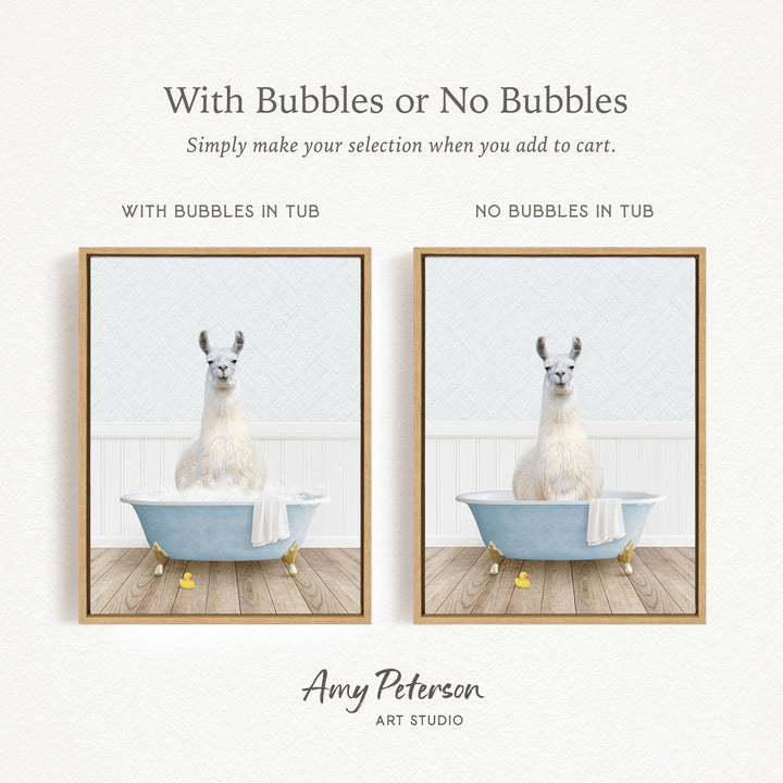 The image is a collage of two pictures featuring a white llama sitting in a bathtub. The llama is surrounded by bubbles, creating a playful and whimsical scene. The text above the images reads "With Bubbles or No Bubbles" and below the images, it says "Simply make your selection when you add to cart."