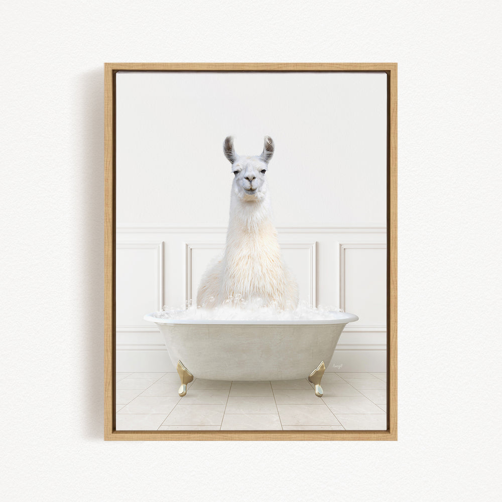 A white llama sitting in a white bathtub filled with bubbles, creating a whimsical and playful scene.
