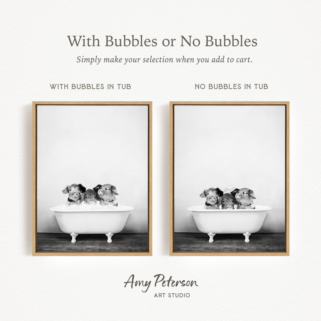 The image is a black and white photograph of two bathtubs, each containing a small dog. The text above the image reads "With Bubbles or No Bubbles" and below it, "Simply make your selection when you add to cart." The text below the image states "WITH BUBBLES IN TUB" and "NO BUBBLES IN TUB," indicating the presence or absence of bubbles in each bathtub.