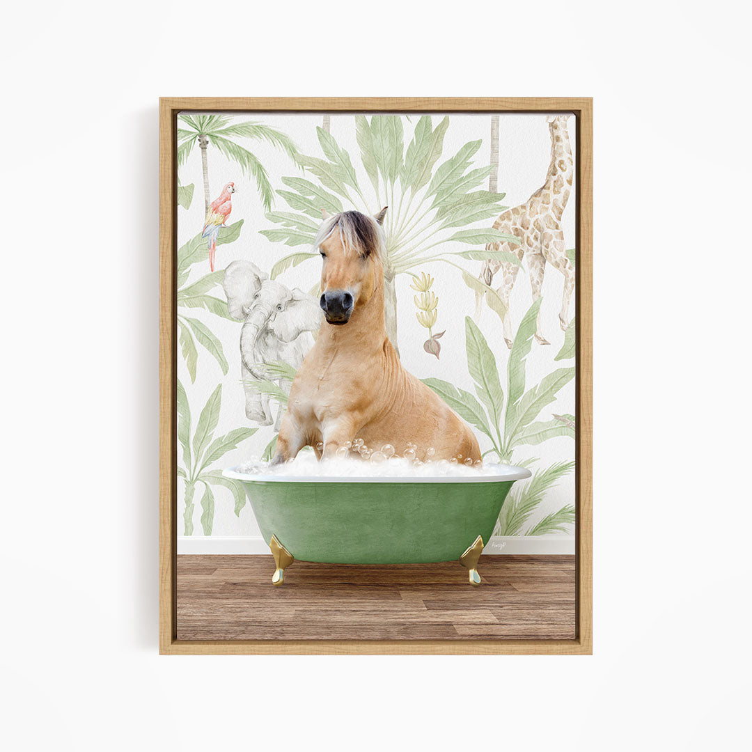 A light brown horse is sitting in a green bathtub, surrounded by a tropical wallpaper with various animals and plants.