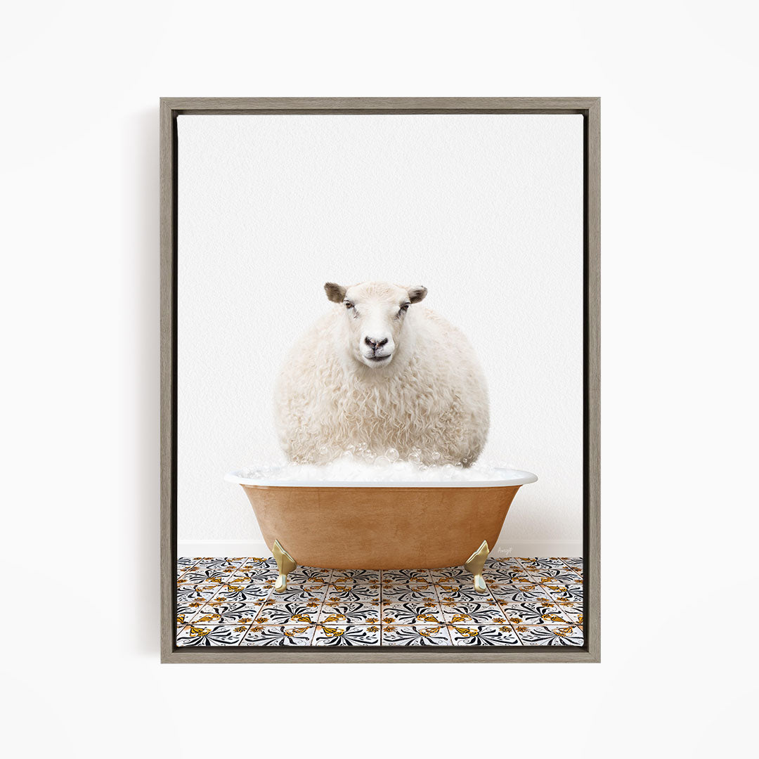 A fluffy white sheep sits in a bathtub filled with bubbles, creating a whimsical and playful scene.