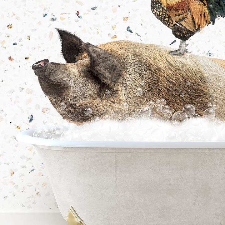 a pig in a bathtub with a rooster on top of it