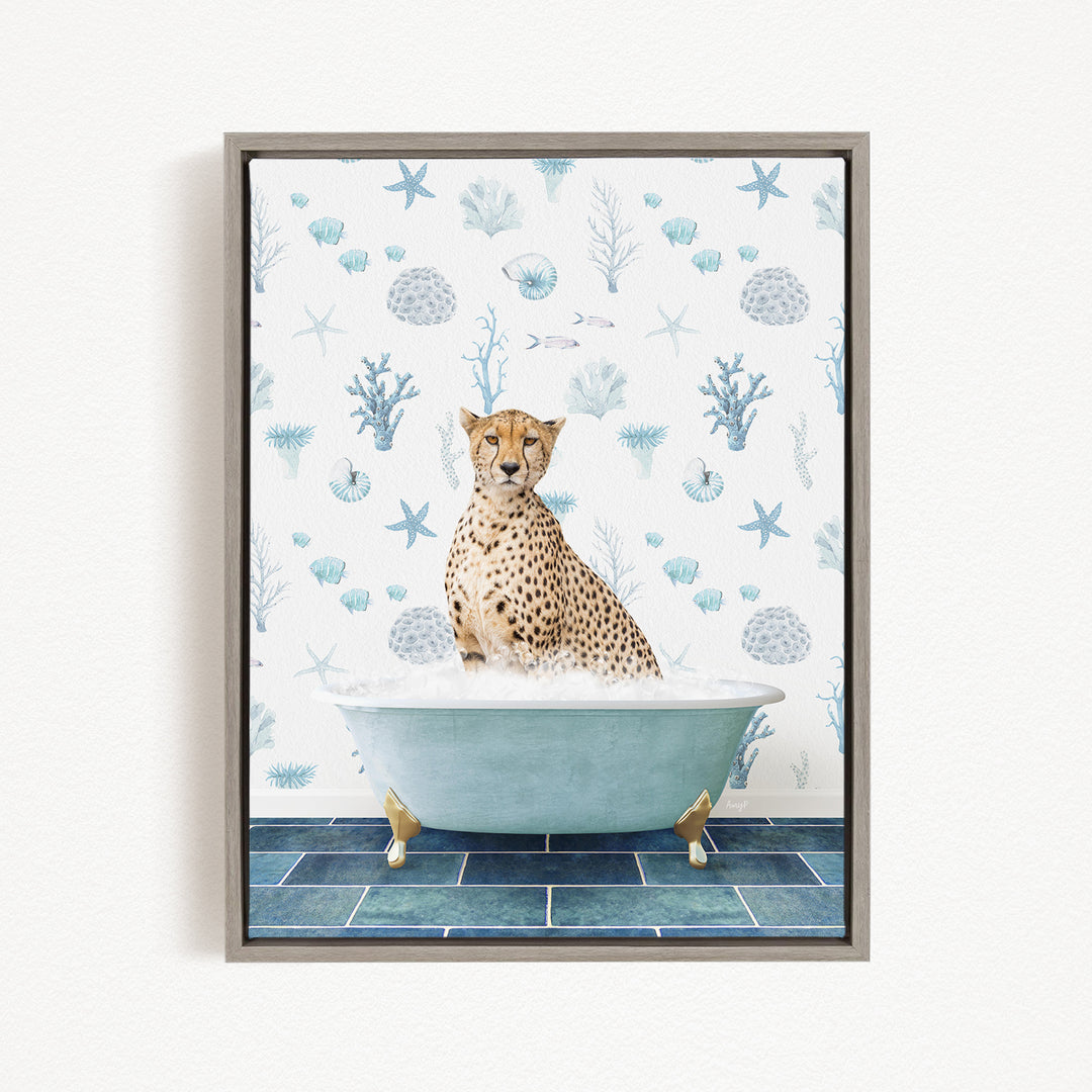 A cheetah sitting in a bathtub filled with water, surrounded by a pattern of seashells, starfish, and other marine life.