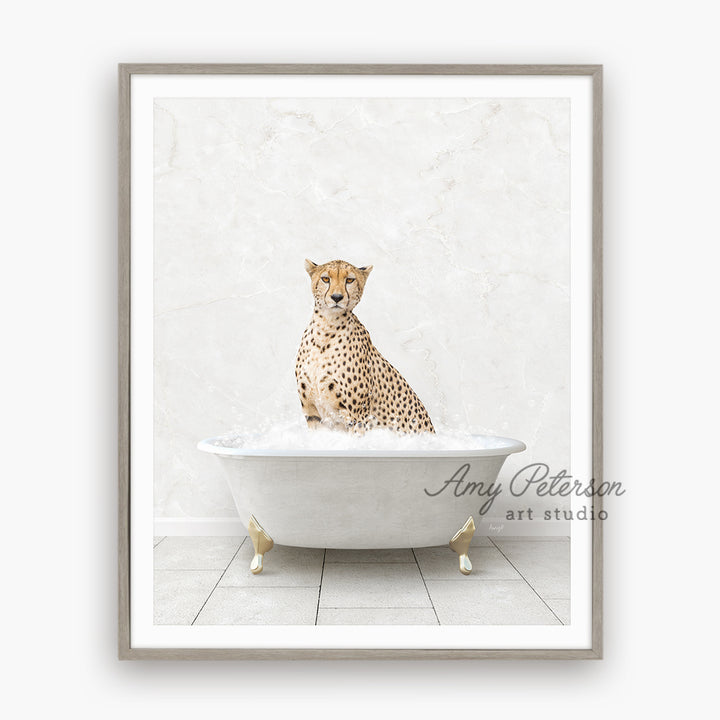 a picture of a cheetah sitting in a bathtub